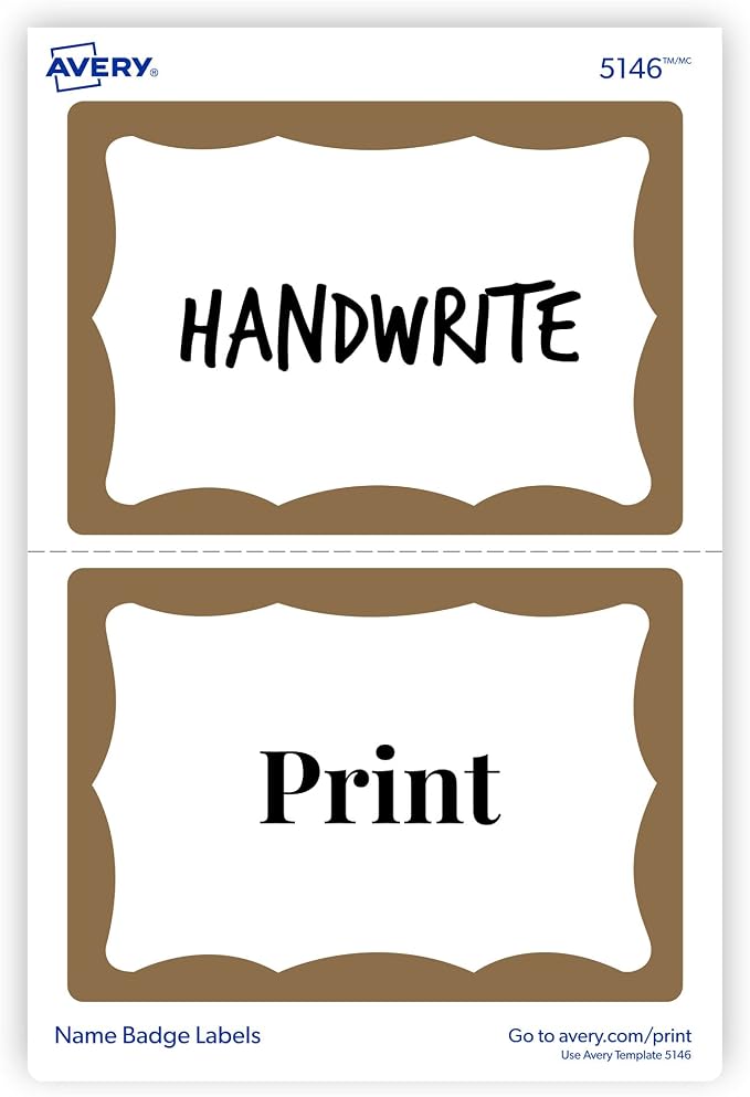 Avery Name Tags, Print or Write, Gold Border, 100 Adhesive Tags Per Pack, 4 Packs, 400 Total (05146)