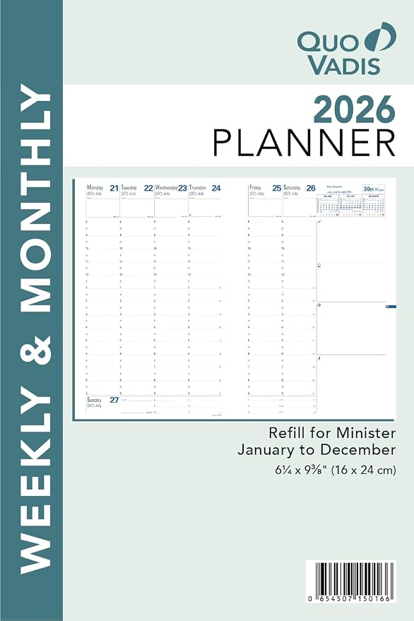 Quo Vadis 2026 Refill for Minister - Weekly/Monthly Planner - 12 Months, Jan. to Dec. - 6 1/4 x 9 3/8" - Time Management Appointment Organizer