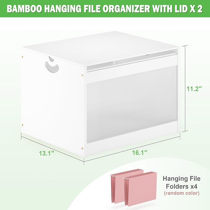 Bamboo Hanging File Box Organizer with Lids, File Folder, White, 2 Pack