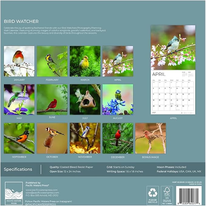 Bird Watcher 2027 Wall Calendar, 12 x 24 Hanging Pacific Waters Press
