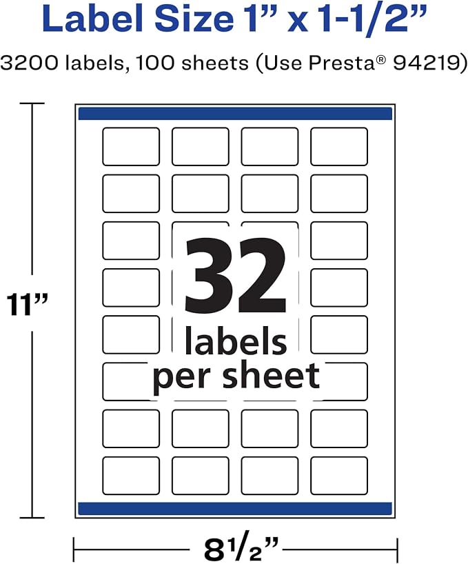 Avery® Matte White Rectangle Labels, Sure Feed® Technology, 1" x 1.5", 3,200 Matte White Printable Labels