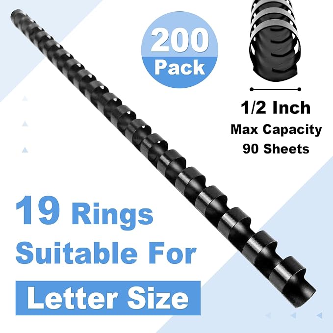 HOUYEE 1/2 Inch Plastic Binding Comb 19 Ring, 90 Sheet Capacity, Letter Size Black Comb Binding Spines (200 Pack) | Binder Combs for Letter Size Paper, 90 Sheets Capacity, for Book Binder Office School Supplies