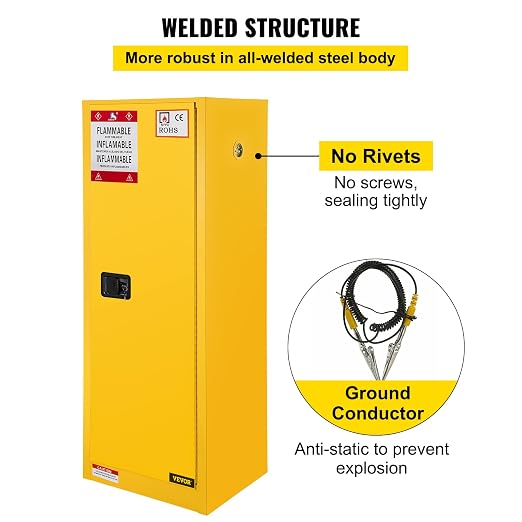 VEVOR Flammable Cabinet, 18" x 18" x 35", Yellow | Galvanized Steel, Safety Cabinet, Adjustable Shelf, Commercial, Industrial, Home Use