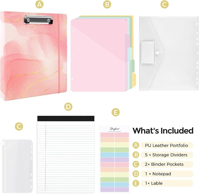 SKYDUE 1 Inch 3-Ring Binder with Clipboard, PU Binder with 5 Dividers, Notepad, Stickers & Pockets for Work and School - Aesthetic Binder (Letter Size)