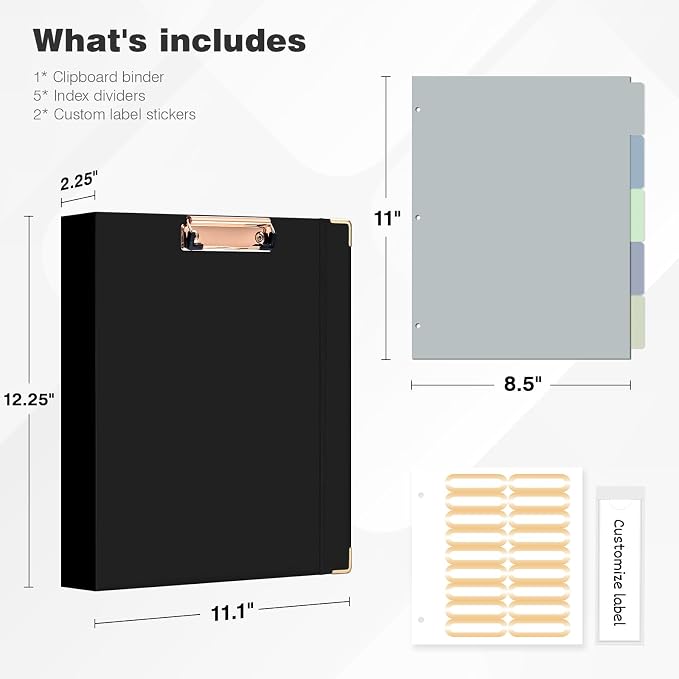 Ospelelf 3 Ring Binder, 1.5 Inch, Cute Letter Size (11" x 8.5") with 5 Tab Dividers, File Folder Labels and Low Profile Clipboards, Black Binder for School and Office Supplies