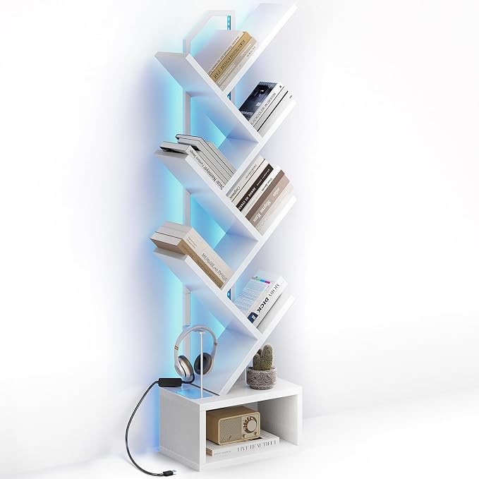 Casaottima Tree Bookshelf with LED Lights, 6-Tier Small Bookshelf, White | Narrow Bookcase for Small Spaces, Steel & Wood Storage Shelf with Cabinet, Home Organizer for Living Room, Bedroom, Office