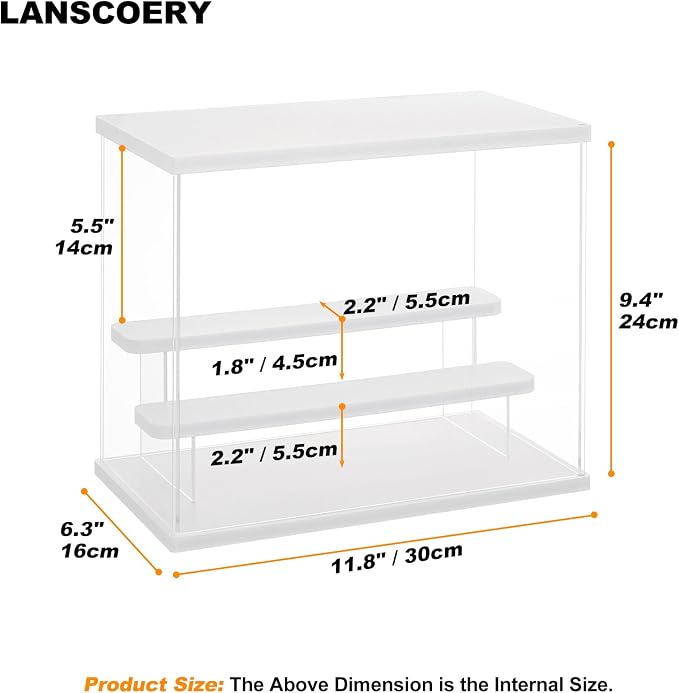LANSCOERY Acrylic Display Case with RGBW Lights, 3 Tier White | 11.8 x 6.3 x 9.4 in case displays small figures on desks or shelves with tiered rows and front access.