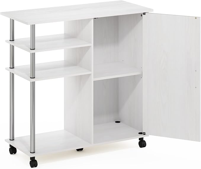 Furinno Helena Rolling Cart, 4-Tier Rolling Utility Cart with Closed Cabinet, Storage Cart, for Office, Living Room, Kitchen, Storage and Organizers, White Wood