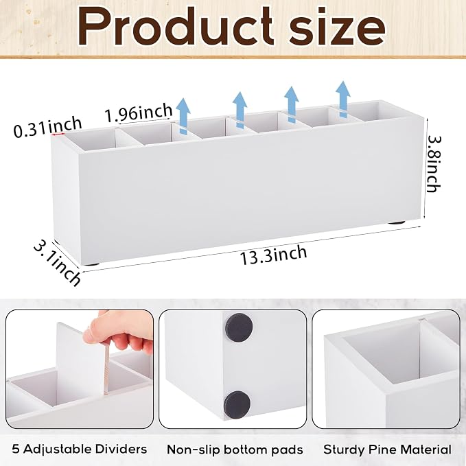 Jetec Wooden Pencil Pen Holder for Desk 6 Compartments Cosmetic Makeup Brush Stationery Office Desktop Organizers for Countertop Adjustable Silverware Caddy for Party, Art Supplies,Home(White)