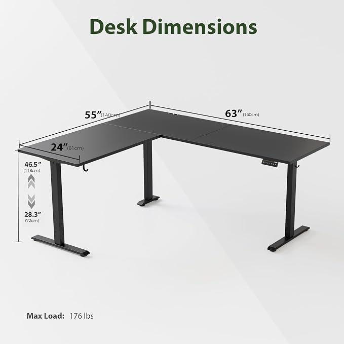 Agilestic 63 x 55 Inch L Shaped Electric Standing Desk, Black | Corner Desk, Ample Workspace, Memory Presets, Hooks, Stable Steel Frame,176 lbs Capacity, Easy Assembly, Splice Board