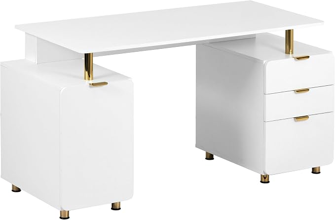 Techni Mobili 57"W Computer Desk w/ 3 Drawers & Storage Cabinet, White/Gold | Home office workstation, durable construction, everyday productivity, Ideal for home office, Workspace organization