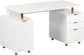 Techni Mobili 57"W Computer Desk w/ 3 Drawers & Storage Cabinet, White/Gold | Home office workstation, durable construction, everyday productivity, Ideal for home office, Workspace organization