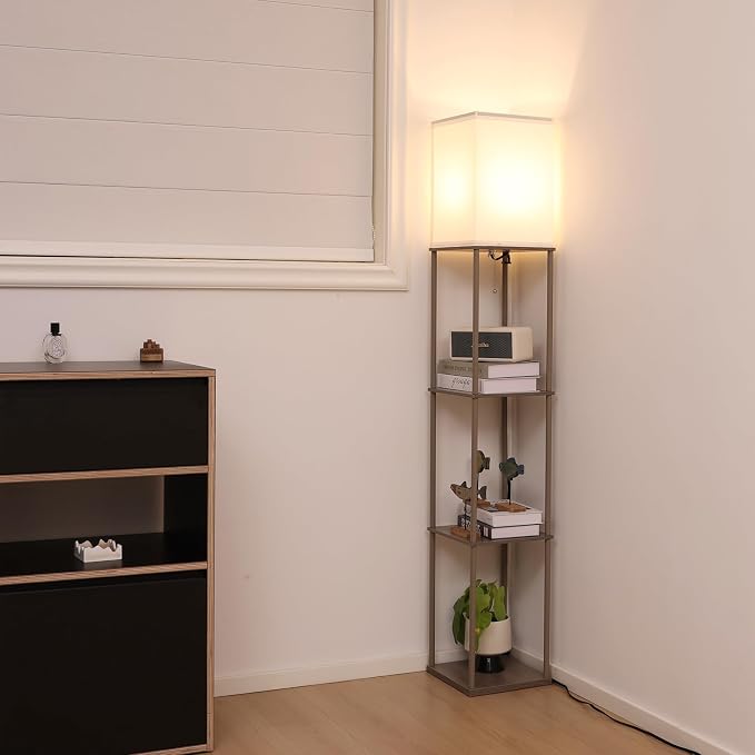 Gupuzm Floor Lamp with Shelves, Modern Square Standing Lamp with 3 Color Temperature Bulb, Corner Display Bookshelf Lamp for Living Room, Bedroom and Office （Grey）