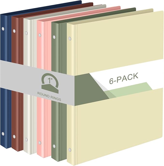 Fulmoon 6 Pack 1 Inch Plastic 3 Ring Binders with Pockets, Morandi Colors | Flexible Covers with Round Rings and Front Pockets for Organizing Papers at School, Office, Meetings and Presentations