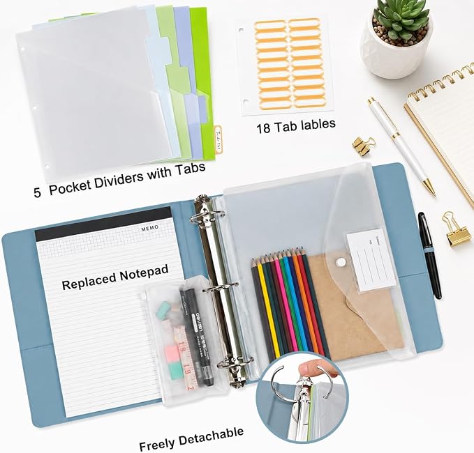 3 Ring Binder with Clipboard,2 Inch Binders with Notepad&5 Dividers with Pockets, Labels,PU Clipboards for School Office(Blue,Letter Size)