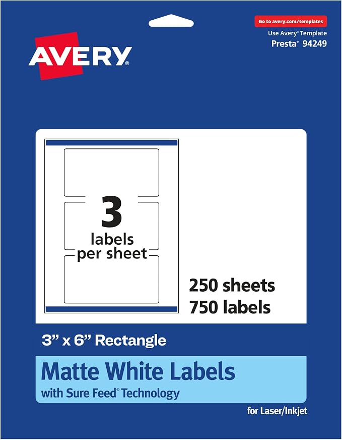 Avery® Matte White Rectangle Labels, Sure Feed® Technology, 3" x 6", 750 Matte White Printable Labels