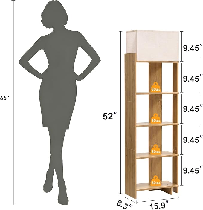 ZGREN Bookshelf Floor Lamp Shelves Standing Narrow Book Shelf with 3 Colors Led Light Library Storage Organizer Furniture for Small Spaces Corner Reading Nook Living Room Bedroom Home Office