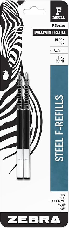 Zebra Pen Ballpoint Refill, Fits F-301, F-402, F-701, Black, 0.7mm, 2-Pack