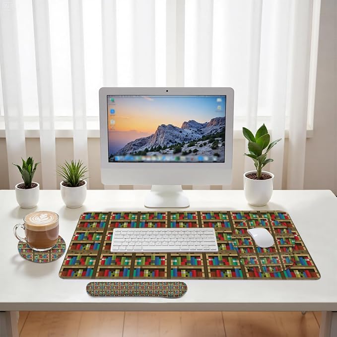 Bookshelf Mouse Pad Set Educational Bookcase Pixel Game Gaming Mousepad 4in1 Desk Mat for Desktop Wrist Support Cup Coaster Set Ergonomic Computer Desk Arm Wrist for Decor Home Office