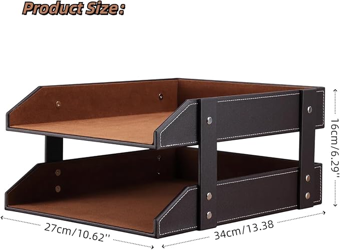 Letter Tray, Leather Paper Organizer Tray, Wooden Desk File Holder, Desktop File, Stackable Magazine Holder, Mail Sorter, Great for Home or Office - 2 Level Brown