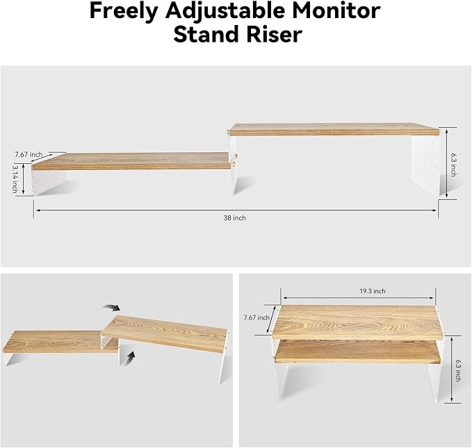 YGYQZ Adjustable Monitor Stand Riser, 7.67"×19.3" Dual Monitor Desk Stand | Adjustable Monitor Riser, Expandable Desk Organizer, 2-Tier Storage, Acrylic Legs, Ergonomic Workspace, Wood Glacial Striae
