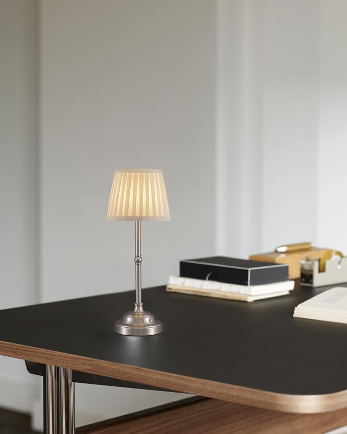 KDG Nickel Cordless LED Table Lamps Set of 2, Green Fabric Shade Desk Lamps | Portable 4000mAh Rechargeable Battery Powered, Dimmable Lighting for Dining Room, Bedroom, Bedside, Night Light, Balcony