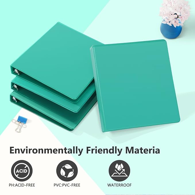 ViVin Sturdy 1 Inch D Ring Binders with 2 Pockets, 6 Pack, Lake Green | 3 Ring Binders with Clear View Cover, Hold 225 Sheets of US Letter Size Paper, PVC-Free for Office, Home, School