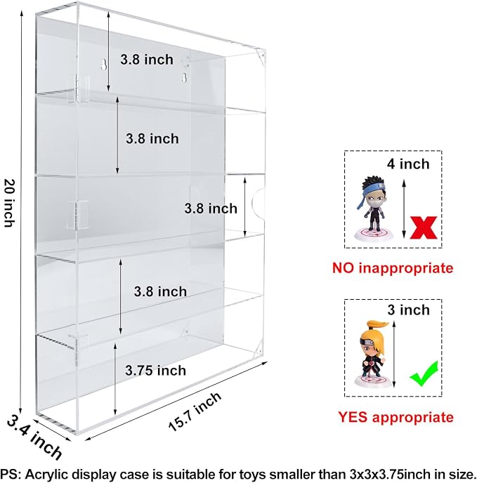 AITEE 5 Tiers Acrylic Display Case with Mirrored Back on Wall or Desktop | 15.7"Lx3.4"Wx20"H, 5 tiers with mirrored back, wall mount or desktop, showcases mini figures toys stones rocks
