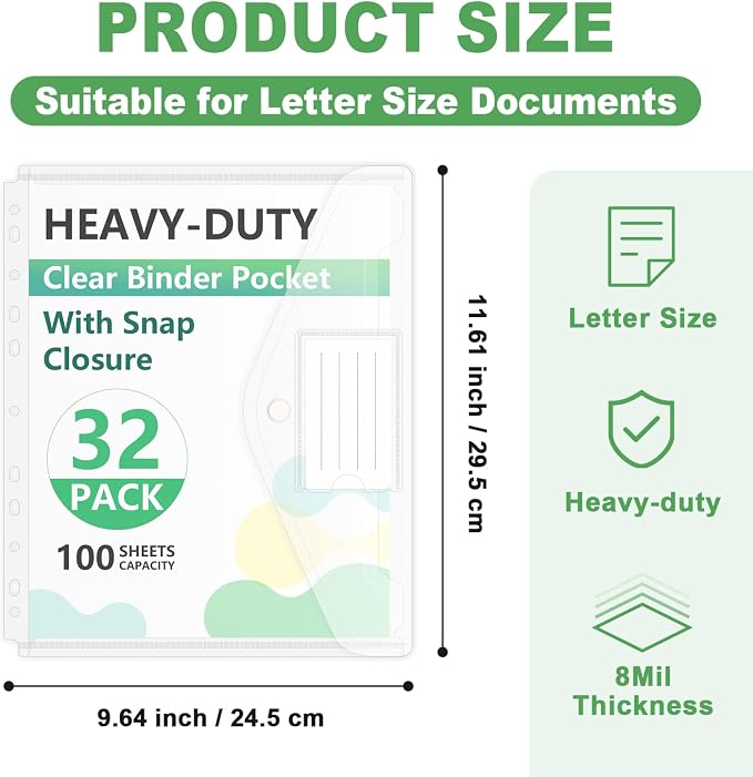 HOUYEE 32 Pack Heavy-Duty Clear Binder Pocket Folders for 2/3/4 Ring Binder | 11 Holes Binder Envelopes with Snap Closure, Plastic Clear Binder Folders for Office, 8 Mil,100 Sheet Capacity, Letter Size