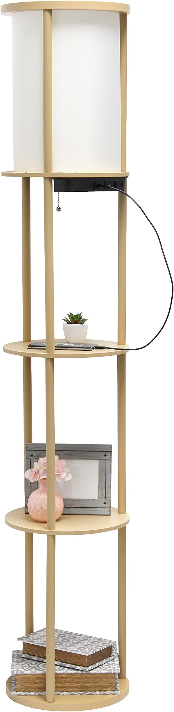 Simple Designs LF2010-TAN 62.5" Round Modern Shelf Etagere Organizer Storage Floor Lamp with 2 USB Charging Ports, 1 Charging Outlet and Linen Shade for Living Room Bedroom Office, Tan