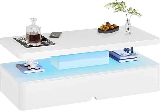 MXV Modern Coffee Table, 40 Inches Coffee Tables with 16 Colors LED Lights, 2 Tier Rectangular Center Table, Large Storage Space, High Glossy Wooden Tea Table for Living Room, Bedroom, Office, White