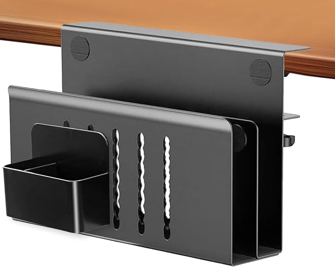 2 Tie Desk Side Storage, Under Desk Storage Organizer, Black | osseph Desk Storage, No Drill Clamp to 0.5-2.38" Desks, Cooling Vents Vertical Rack, Magnetic Pen Holder, 30 Lbs Carbon Steel