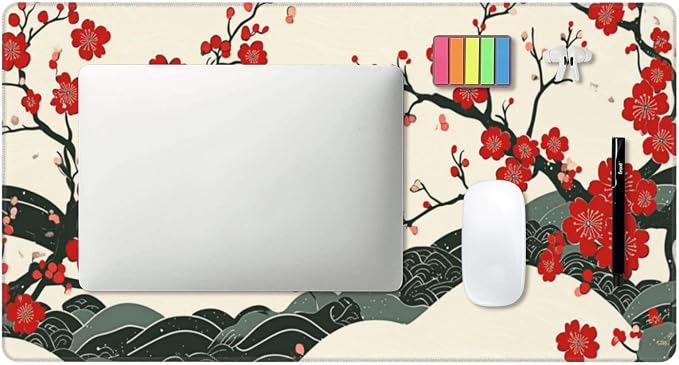 XL Desk Mat 31.5x15.7 Inch, Japanese Cherry Blossom Wave Mouse Pad Keyboard | Elegant Japanese Wave Design Keyboard Mat with Non Slip Base, Large Desk Pad for Office, Home Decor, Computer & Work Setup