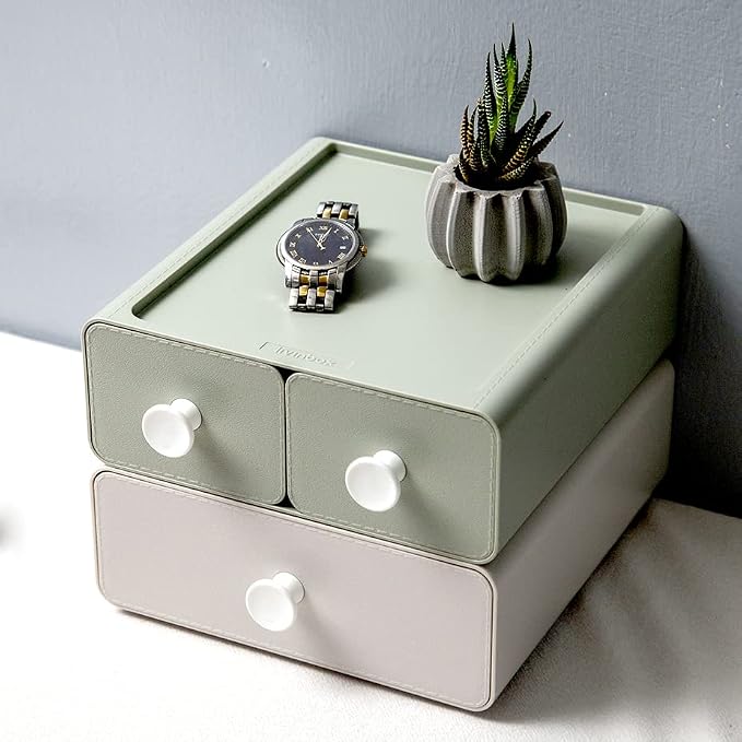 2 PCS Stackable Plastic Desk Organizer, Drawer Type Desktop Storage Box, Cosmetics Makeup Stationery, Gel Pens, Pencils, Markers, Tape, Erasers, Paperclips, Chargers, MD-2012 (Beige&Green)