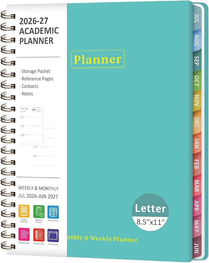 Planner 2026-2027, Academic Weekly and Monthly Calendar Planner, July 2026 - June 2027, Hardcover Spiral Agenda Book, School Supplies for Teacher Student - Letter Size(8.5" x 11")