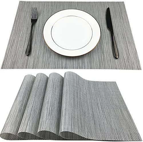 WAZAIGUR Placemats Crisscross Woven Vinyl Place Mats Set of 4 Silver&Black