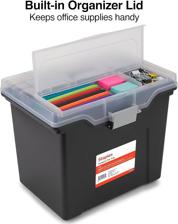 STAPLES File Box Portable Tote, Letter Size, Black, 2-Pack, Handle | Lightweight storage tote for transporting and organizing hanging files.