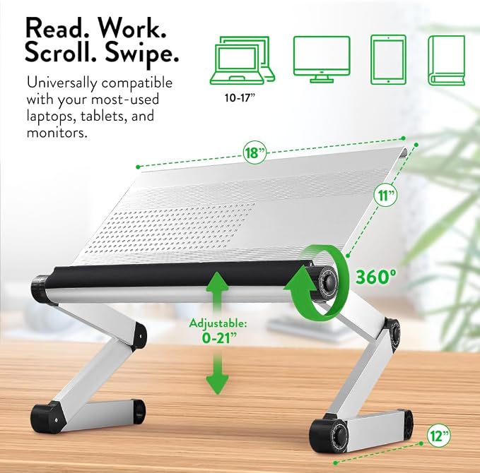 Uncaged Ergonomics Adjustable Book Holder, Tablet & Laptop Stand, Aluminum Portable Reading Stand for Textbooks & Cookbooks, Recipe Holder for Kitchen Counter, Silver