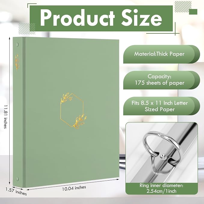 Sayglossy 4 Pcs Aesthetic 3 Ring Binder Sturdy 1 Inch Cute Binder Fits 11" x 8.5" Letter Sized Paper for Women Men School Office Home Supplies Work Organize Paperwork, 4 Colors(Green)