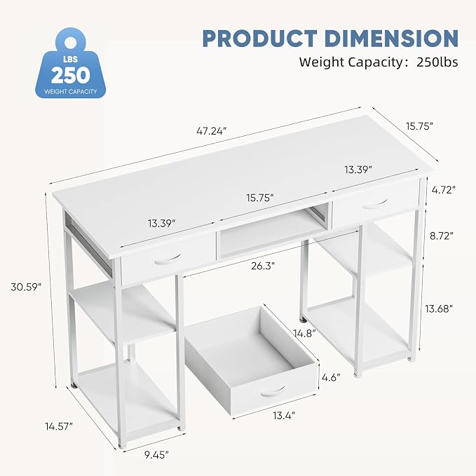 DUMOS 48-Inch Computer Desk with Drawers and Hook, White | Home Office Desk for Bedroom, Gaming Writing Study Desk with Adjustable Feet