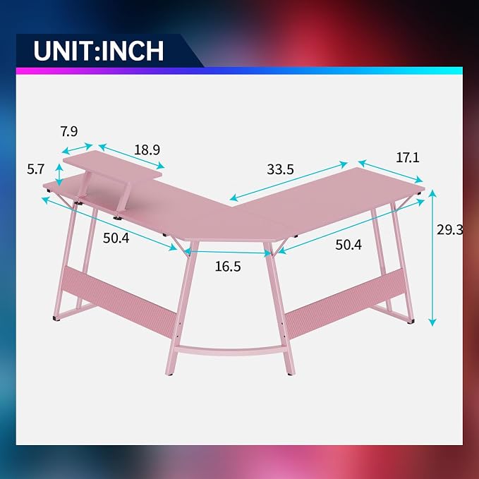 FDW L Shaped 51 Inch Gaming Desk,Corner Computer Desk,PC Gaming Desk,Writing Workstation with Large Monitor Stand for Home Office,Pink