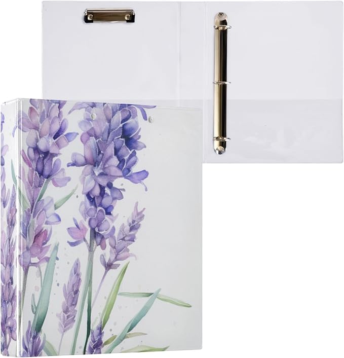 3 Ring Binder Purple Lavender Flower C 1.5 inch Binders Three Ring Binders with Clipboard Fit 8.5'' x 11'' Paper 3 Interior PVC Clear Pockets for Office Supplies