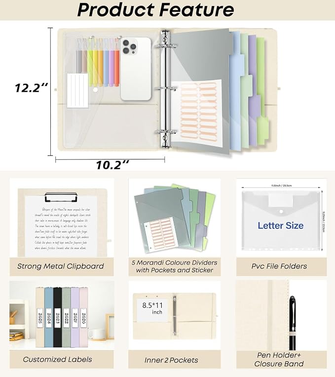 1 Inch 3 Ring Linen Binder Organizer, BVSSX Three Ring Binders with Clipboard, Plastic Folder, 5-Tabs Pocket Dividers with Sticker Labels, Pen Loop, Elastic Strap (Beige, Letter Size)