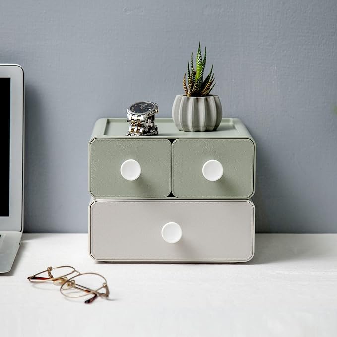 2 PCS Stackable Plastic Desk Organizer, Drawer Type Desktop Storage Box, Cosmetics Makeup Stationery, Gel Pens, Pencils, Markers, Tape, Erasers, Paperclips, Chargers, MD-2012 (Beige&Green)