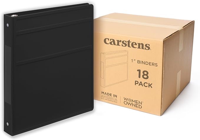 Carstens 1-Inch Heavy Duty 3-Ring Binder - Side Opening, Black, Durable Plastic, No-Gap Rings, Waterproof Cover, No Pockets, Holds 125 US Letter Sheets, BPA-Free, Made in USA (8719-3R), Case of 18