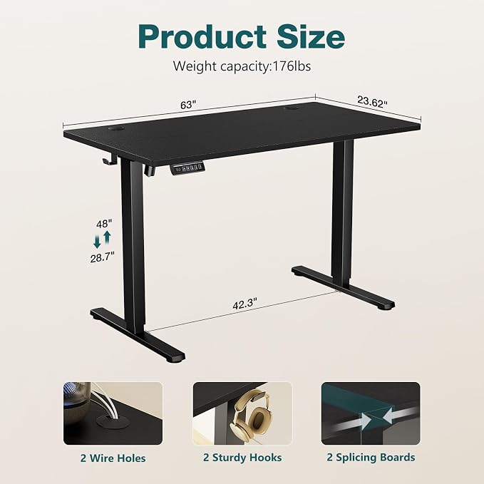 Sweetcrispy Electric Standing Desk, Computer Desk, 63x24 Inch | Adjustable Height, Splice Wood Board, 3 Memory Preset, Sit Stand Work Table for Home Office, Black