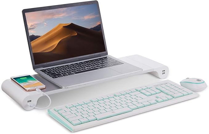 PG Silver Monitor Stand Riser with 4-Port USB Charging ports, Convenient keyboard organiser,Desktop Organizer for Computer, Laptop, TV, Printer - Ergonomic Keyboard Tray & Storage Shelf.