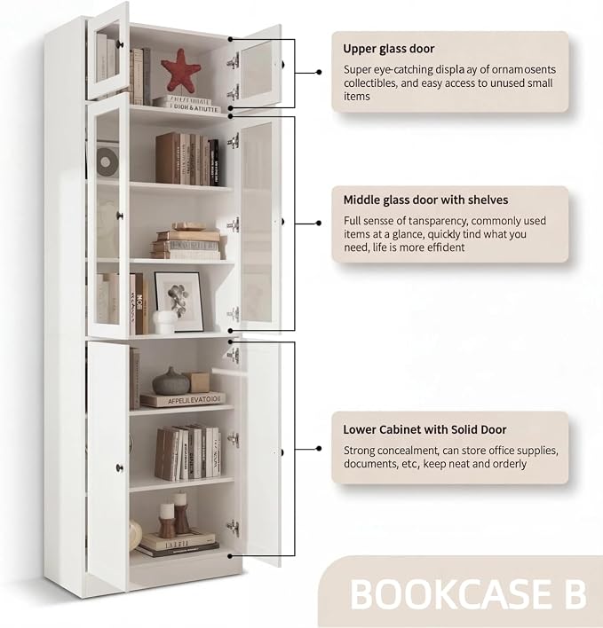 TUSY 85.5" Modern Tall Bookcase with Glass Doors, 7-Tier Wood Bookshelf with Storage for Home Office, Large Curio Cabinet for Living Room, Office, Bedroom, Family Room (White, B)