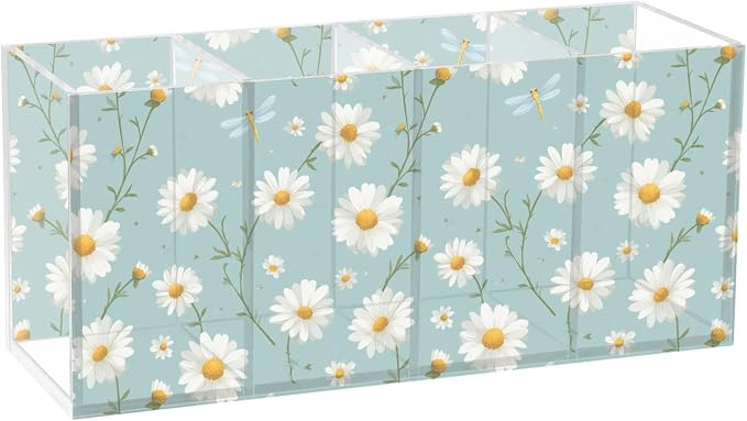 White Daisy Acrylic Pencil Pen Holder Desk Accessories Holder, Cosmetic Brush Organizer Modern Design Desktop Stationery Organizer for Office School and Home 7.87 x 2.48 x 3.54 In