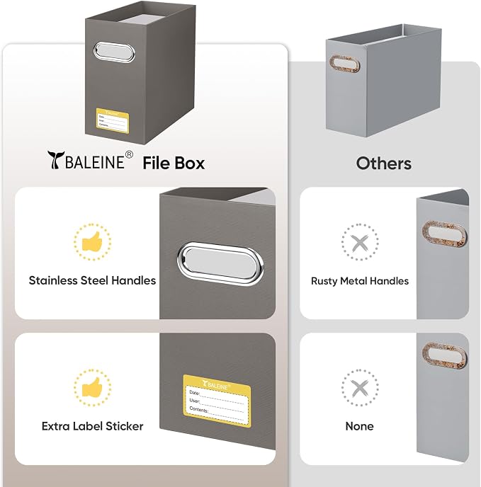 BALEINE 4PK File Organizer Box, Cardboard File Folder Organizer with Handle | Strong Corrugated Paper Core, Label Stickers for Identification, Hanging File Folder Organizer, Home Office Document Storage